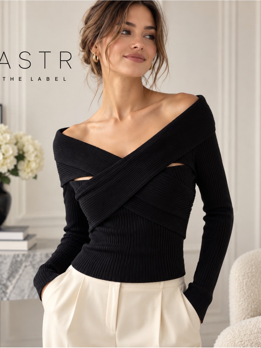 ASTR The Label Off Shoulder Crossover Ribbed Sweater Black NWT Size S